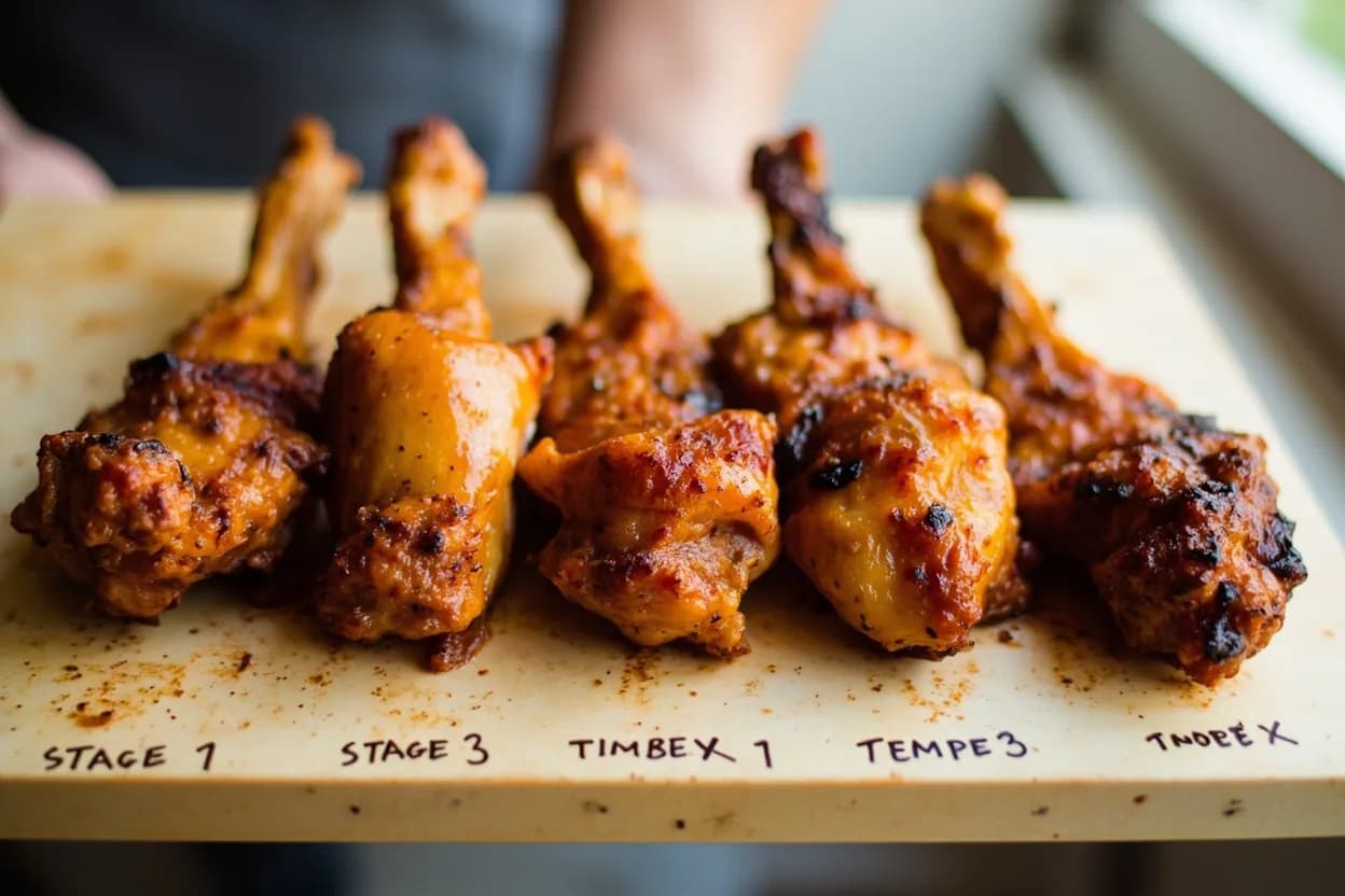 Tandoori Chicken Pull-Away-Bone Temperature in context — the stages just below and above, side-by-side. Tandoori chicken reaches its traditional ideal when the internal temperature at the bone measures 82°C (180°F), indicated by the flesh visibly pulling away from the drumstick and thigh bones. Target reference 82°C / 180°F.