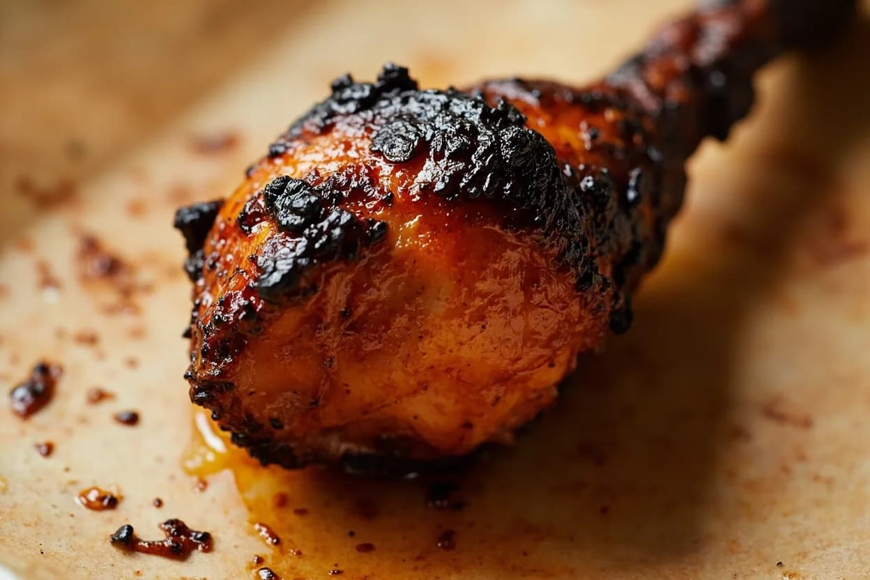 Tandoori Chicken Pull-Away-Bone Temperature at 82°C / 180°F. The tandoor's radiant heat (from the clay walls pre-heated for 45–60 minutes) combined with convective heat from the burning charcoal or gas below creates an intensely rapid cooking environment. Visual cues: The flesh visibly contracts and pulls away from the drumstick bone by 5–8mm, creating a clean gap, Exterior is deeply charred with black blisters on raised marinade points, orange-red between charred spots, Juices at the thigh-body joint run clear with no pink tinge when the joint is pulled apart.