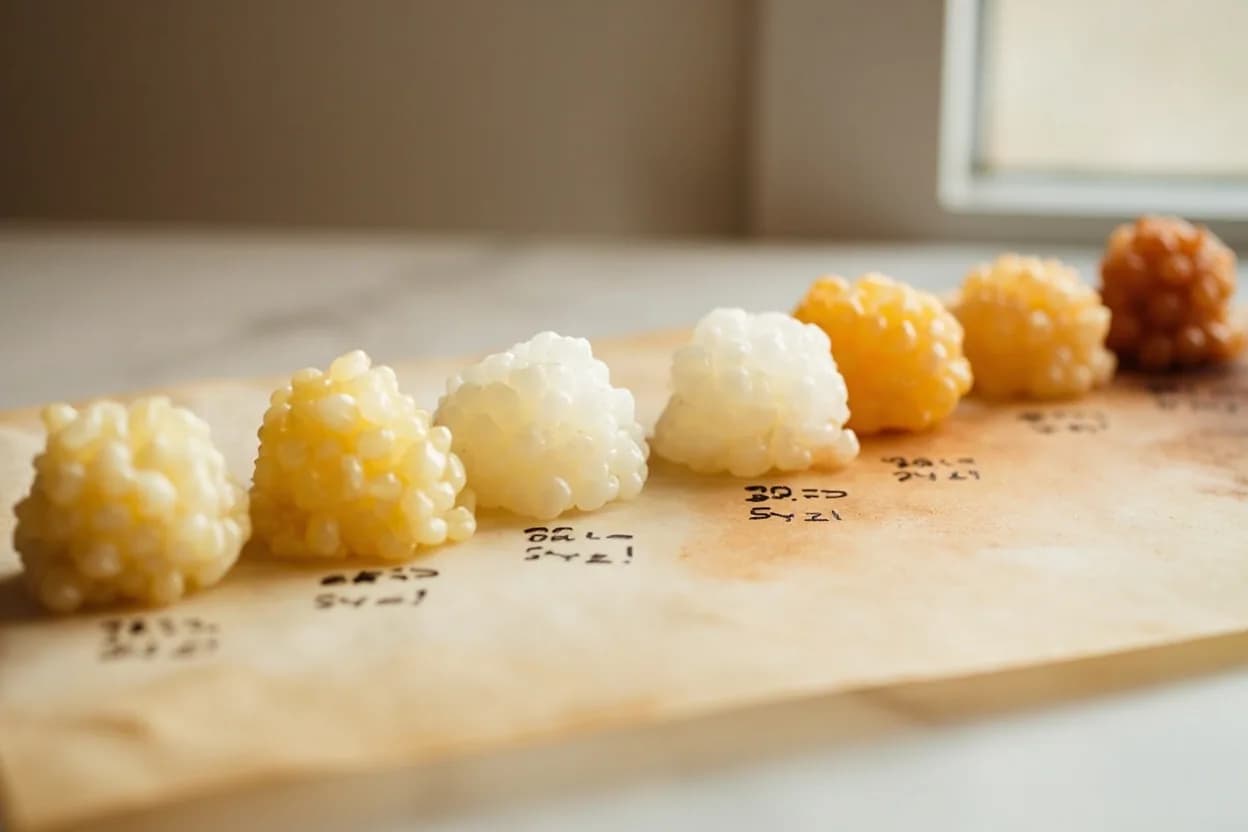 Tapioca Pearls: Translucent Set in context — the stages just below and above, side-by-side. Tapioca pearl translucency is the visual doneness standard for cooked tapioca pearls (whether small white pearls used in puddings and Southeast Asian desserts, or large black boba pearls used in bubb… Target reference range.