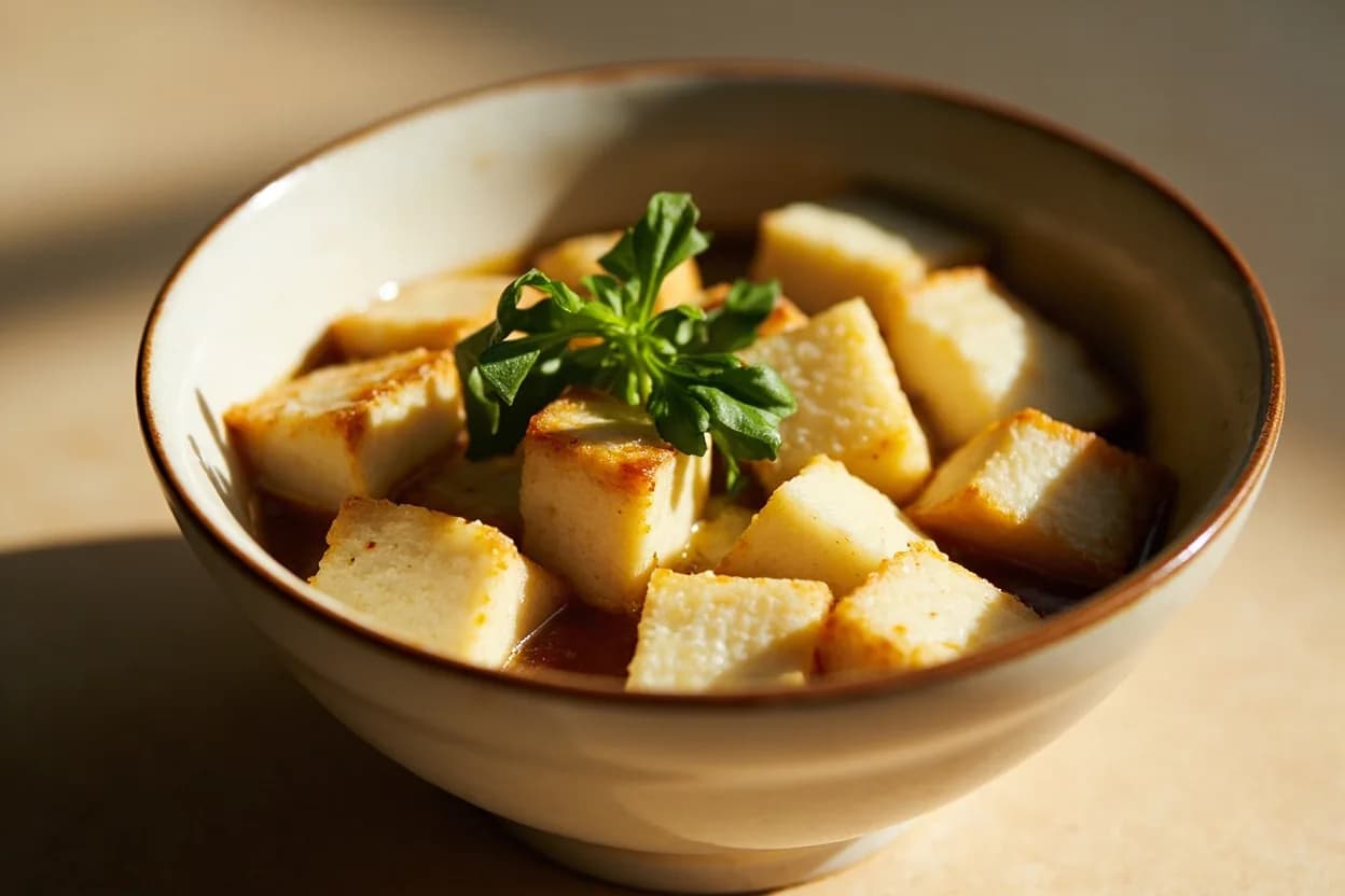 Tofu Coagulation & Setting Temperature in practice — Agedashi tofu (deep-fried silken tofu in dashi broth). The same 75°C coagulation temperature can yield silken or firm tofu depending on coagulant concentration and post-coagulation handling.