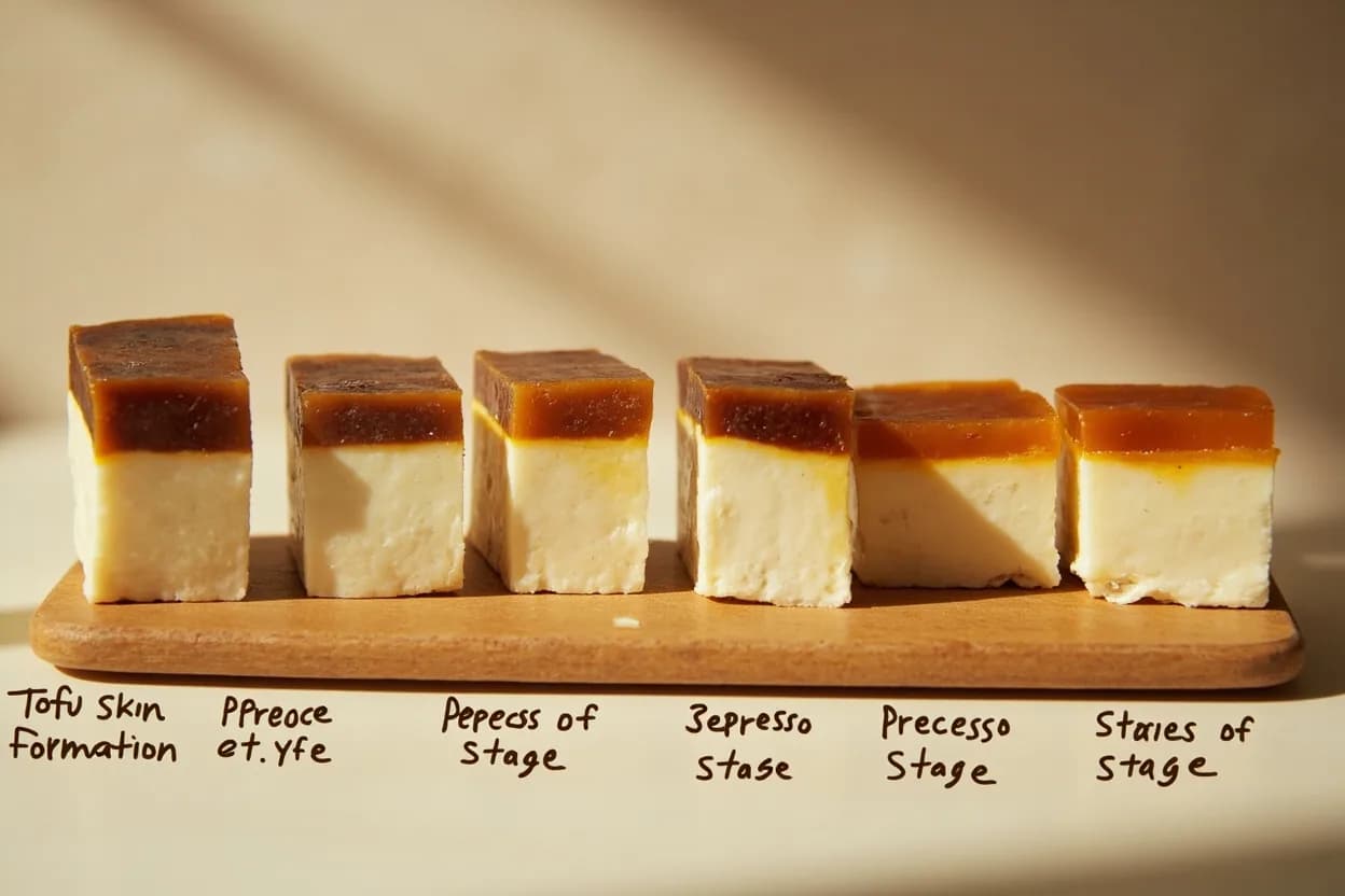 Tofu Skin Formation Temperature in context — the stages just below and above, side-by-side. Yuba (湯葉, Japanese; 腐竹 fǔzhú in dried form, Chinese) is the skin that forms on the surface of heated soy milk when kept at a steady 80–85°C. Target reference 80–85°C (176–185°F); skin formation begins around 77°C, peaks at 83°C, disrupted above 88°C.