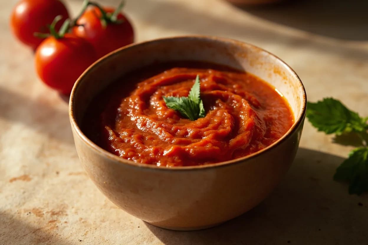 Tomato Sauce Reduction Stage in practice — Sugo di pomodoro (basic Italian tomato sauce). Across Italian, South Asian, and Middle Eastern traditions, the sight of fat pooling at the surface of a tomato-based sauce is recognized as the 'done' signal.