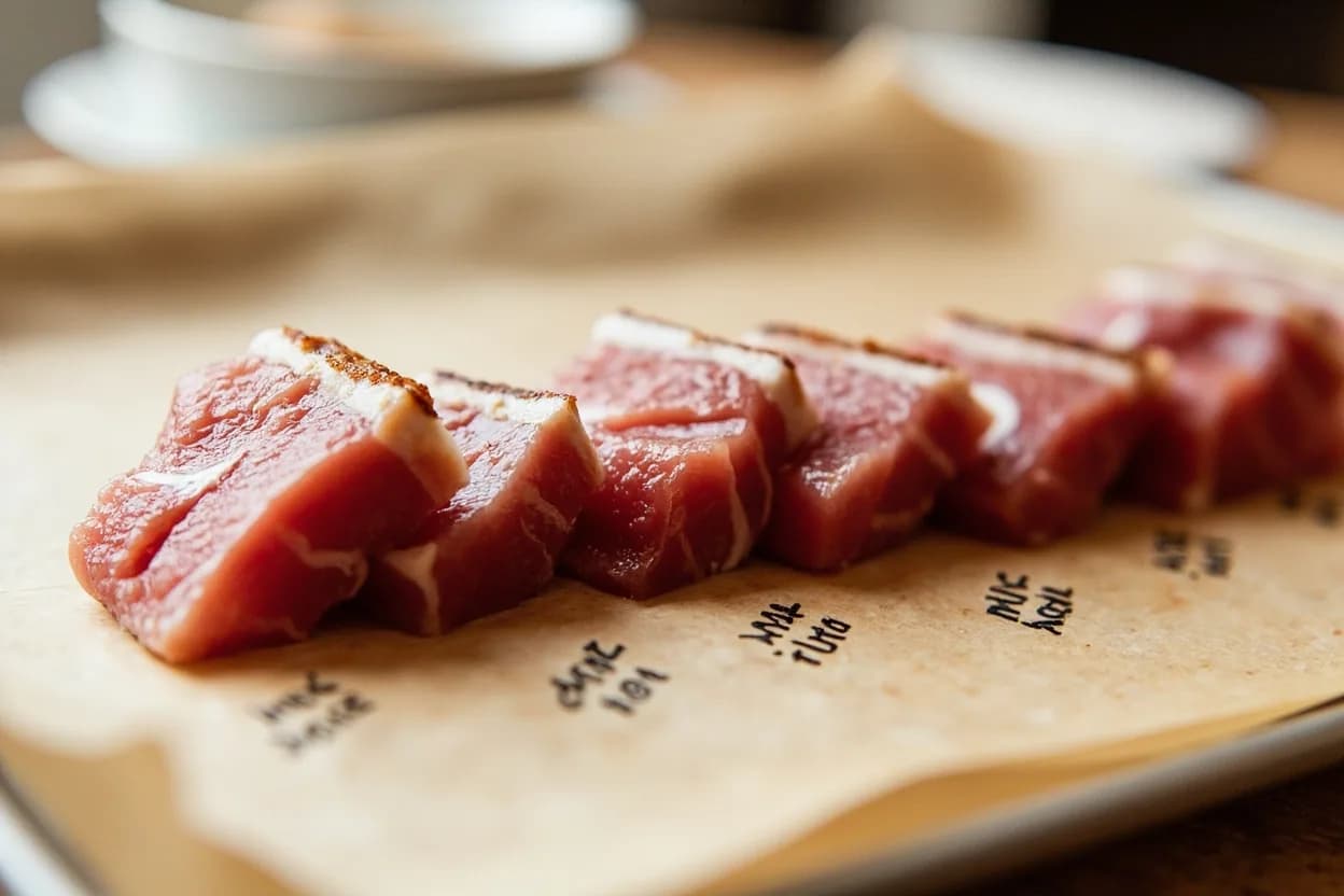 Tuna: Seared Rare Center in context — the stages just below and above, side-by-side. Seared rare tuna (sometimes called tataki-style) is cooked in a ripping-hot pan or on a screaming grill for 30–60 seconds per side, enough to develop a deeply colored Maillard crust on the outer few … Target reference 43°C / 110°F.