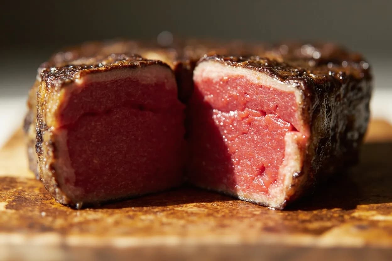 Tuna: Seared Rare Center at 43°C / 110°F. The exterior flash-sears above 150°C, triggering Maillard browning and producing complex flavor compounds including pyrazines and furans. Visual cues: Exterior displays a deep mahogany or charred brown crust with visible grill marks or pan sear, Sliced cross-section shows a thin grey-pink ring (3–5 mm) transitioning abruptly to ruby red at center, Center is cool or barely warm to the touch when pressed.