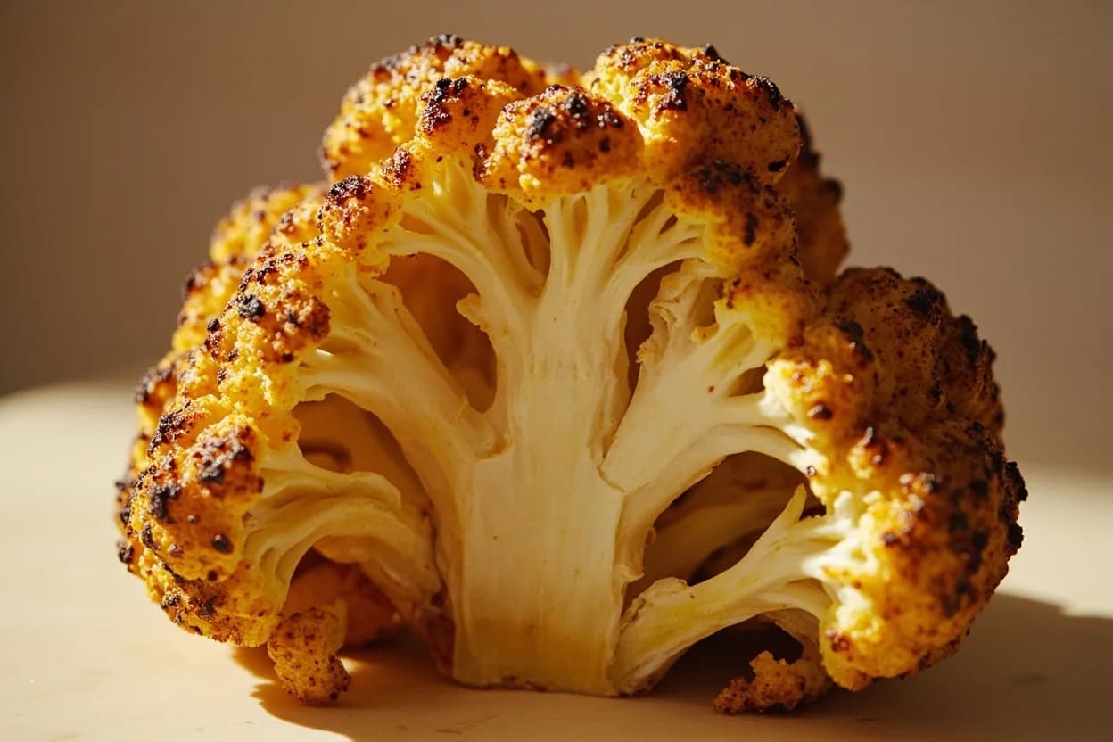 Whole Roasted Cauliflower Tender-Core Doneness at 90°C / 194°F. Cauliflower is dense with tightly packed glucosinolate-rich florets and a starchy core. Visual cues: Exterior: deep amber to golden-brown caramelization across most of the head; floret tips may be lightly charred, Visual shrinkage: the head loses 20–30% of its volume as moisture evaporates, A probe or thin skewer inserted at the very center meets no resistance — glides through like softened butter.