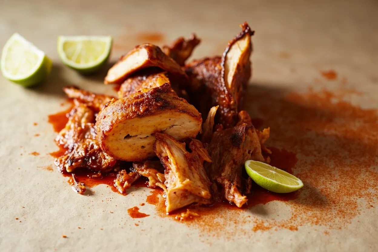 Achiote (Annatto) paired with Pork (slow-cooked) (Yucatecan Mexican) — the canonical affinity made visible. Achiote paste is the defining marinade for cochinita pibil — the acidic citrus in the recado tenderizes while achiote stains the pork a deep amber and adds earthy spice.