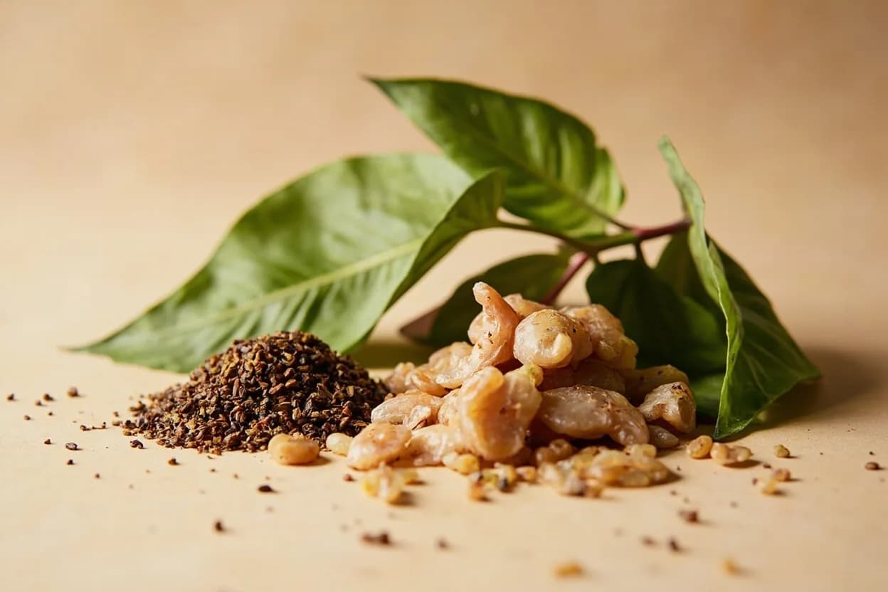 African Basil (Scent Leaf) paired with Egusi (ground melon seeds) (Nigerian / Yoruba) — the canonical affinity made visible. Scent leaf's clove-eucalyptus aroma floats above the rich, oily body of egusi — it is added late to prevent bitterness.
