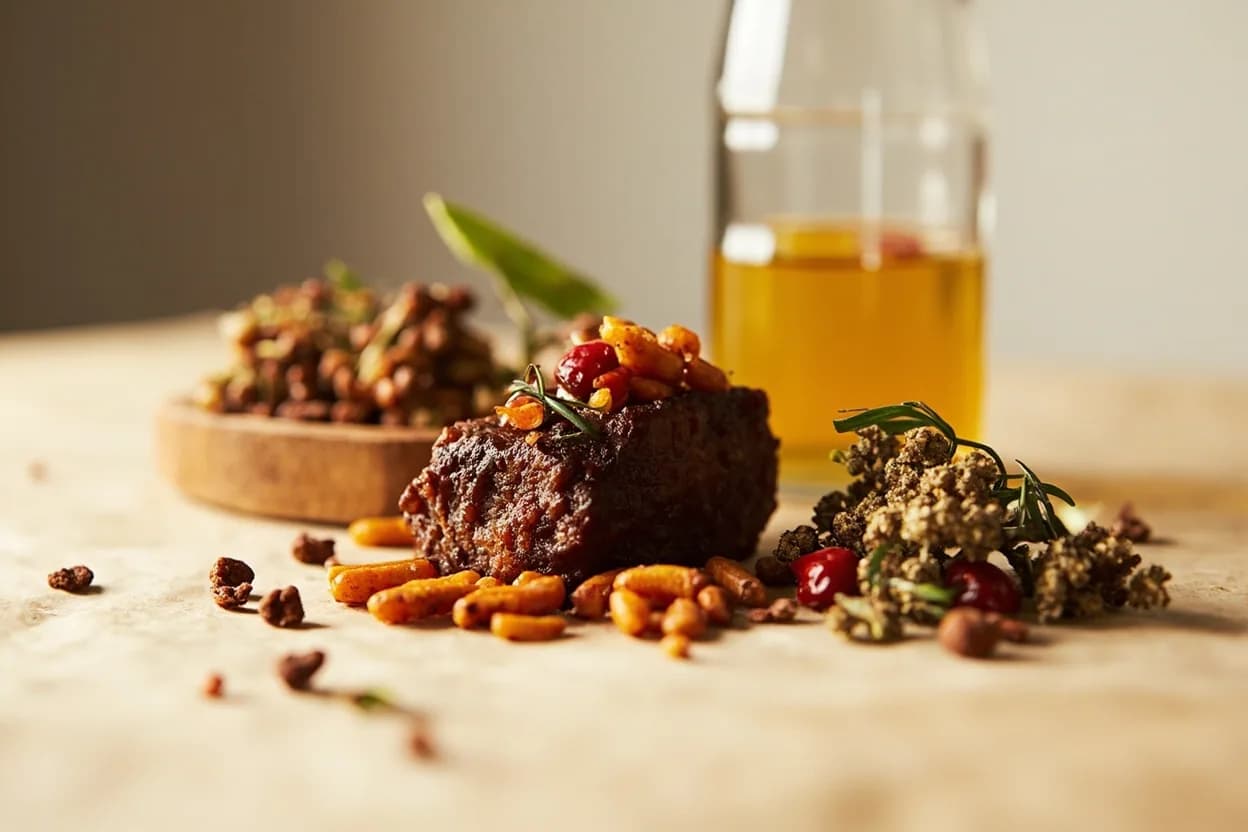 Allspice paired with Scotch bonnet pepper and thyme (Jamaican) — the canonical affinity made visible. The holy trinity of Jamaican jerk: allspice provides warm, complex depth beneath scotch bonnet's ferocious heat and fresh thyme's herbal lift — the flavor contract of the entire jerk tradition.