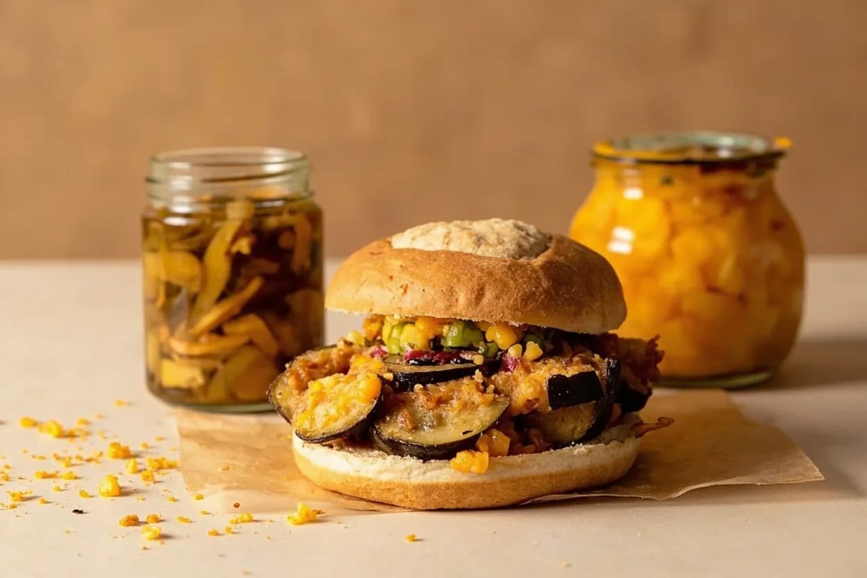 Amba (Pickled Mango) paired with Sabich (fried eggplant sandwich) (Israeli) — the canonical affinity made visible. Amba is the defining condiment of sabich — the Iraqi-Israeli pita stuffed with fried eggplant, hard-boiled egg, and hummus; its acid and funk cut through the fried oil and balance the creamy egg.