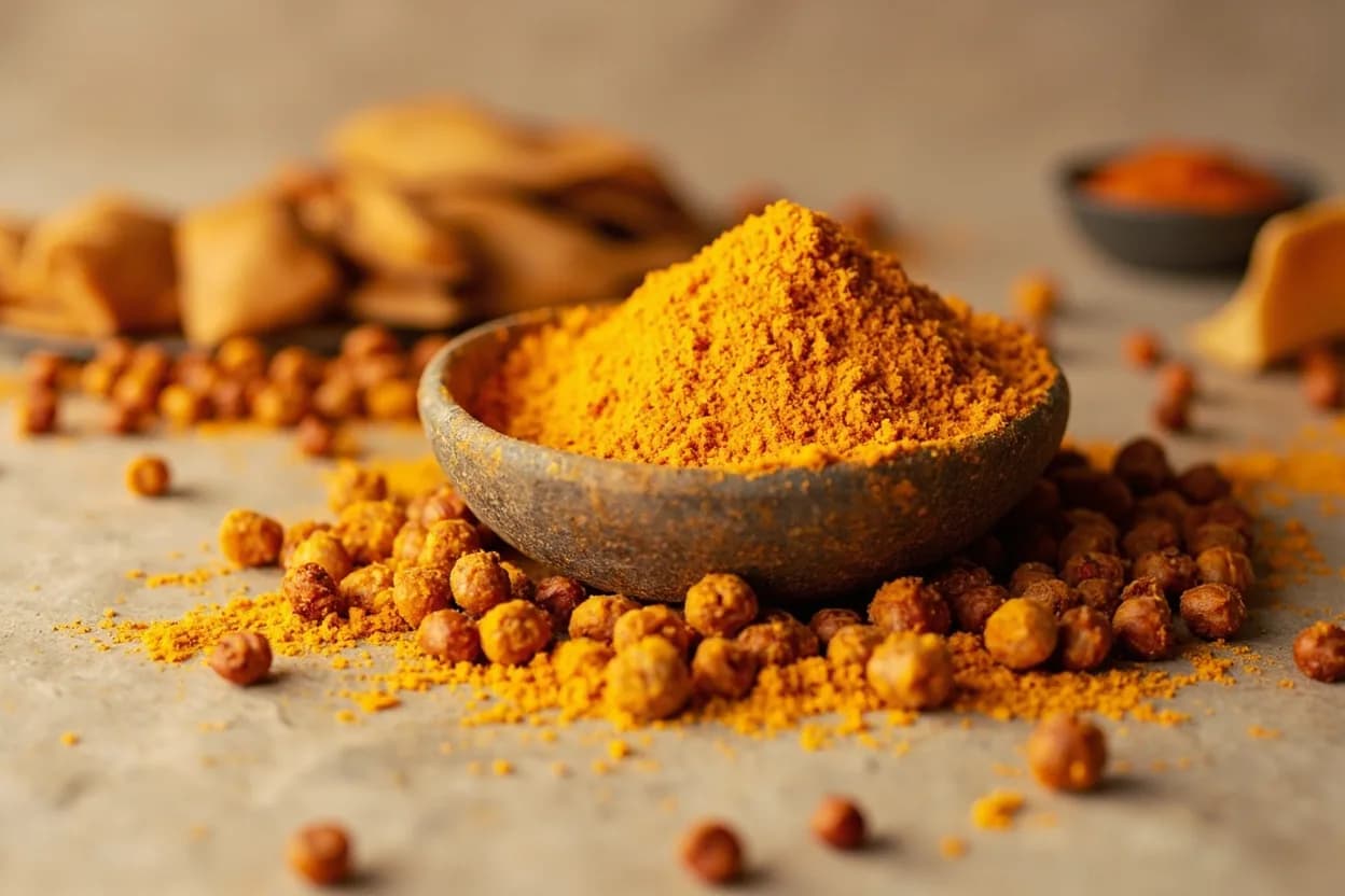 Amchur (Dried Mango Powder) paired with Chaat (papdi chaat, bhel puri, aloo chaat) (Indian (street food)) — the canonical affinity made visible. Amchur is one of chaat masala's primary souring agents; the tartness cuts through fried potato, puffed rice, and creamy chutneys to create the electrifying sour-sweet-spicy balance that defines the genre.