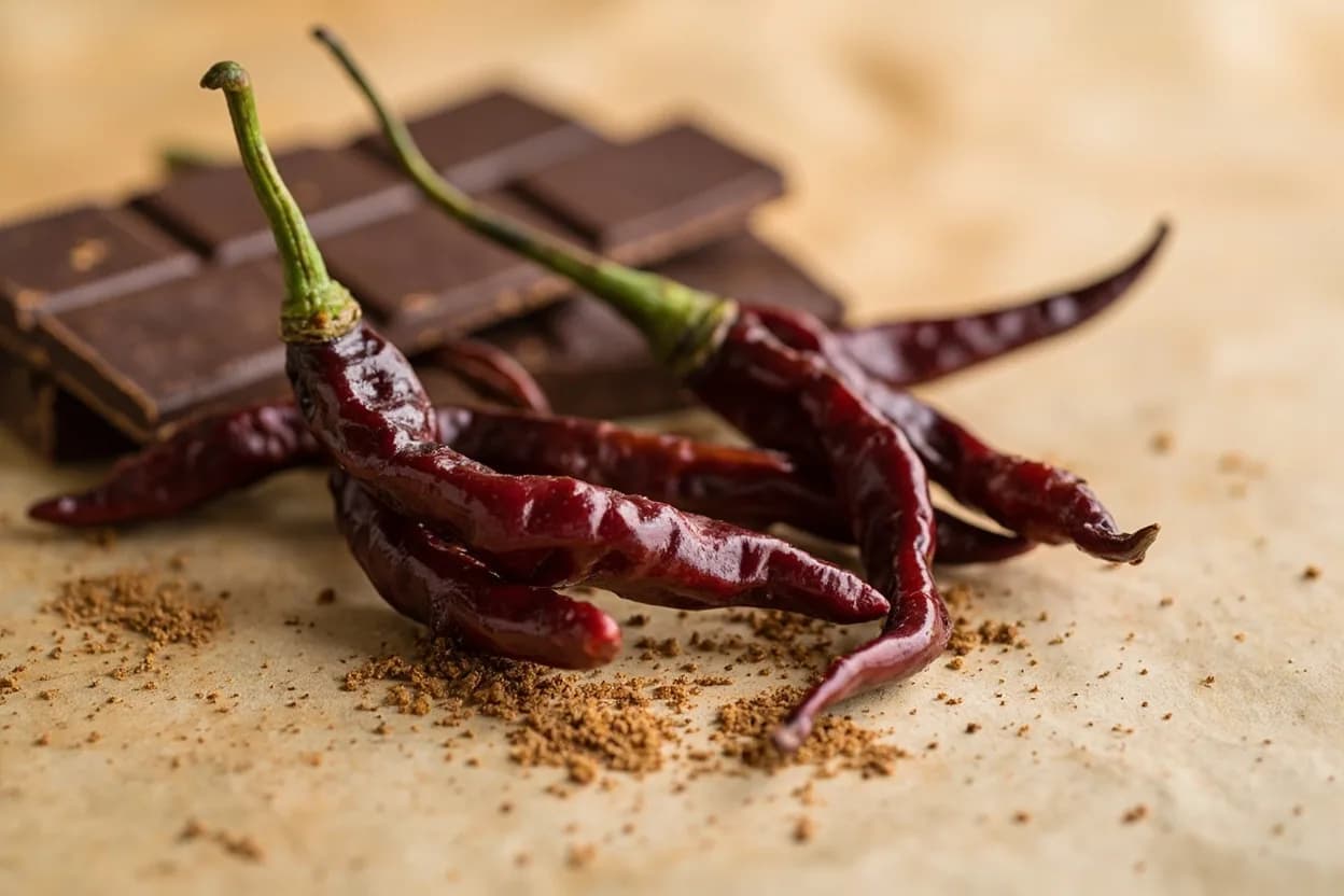 Ancho Chile paired with Dark chocolate (Mexican) — the canonical affinity made visible. The defining pairing in mole negro — ancho and bitter chocolate are mirror flavors that deepen each other; both carry the same roasted, bittersweet character.