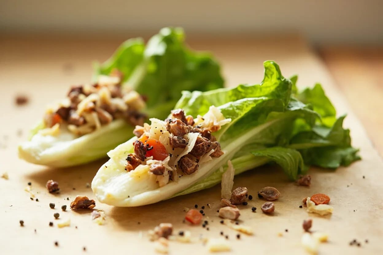 Anchovy (as flavoring) paired with Romaine lettuce (Caesar salad) (Mexican-American (Tijuana origin)) — the canonical affinity made visible. Anchovy fillets pounded into the Caesar dressing are the dish's backbone — providing the umami without which the salad tastes flat regardless of lemon, egg, or Parmesan.
