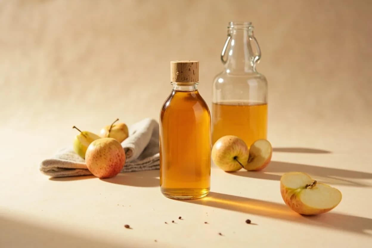 Apple Cider Vinegar in its natural form. Apple cider vinegar is produced by double fermentation of apple juice: first alcoholic (yeast converts sugars to cider), then acetic (bacteria convert ethanol to acetic acid). Tasting profile: apple blossom, orchard fruit, mild acidity, faint yeast.