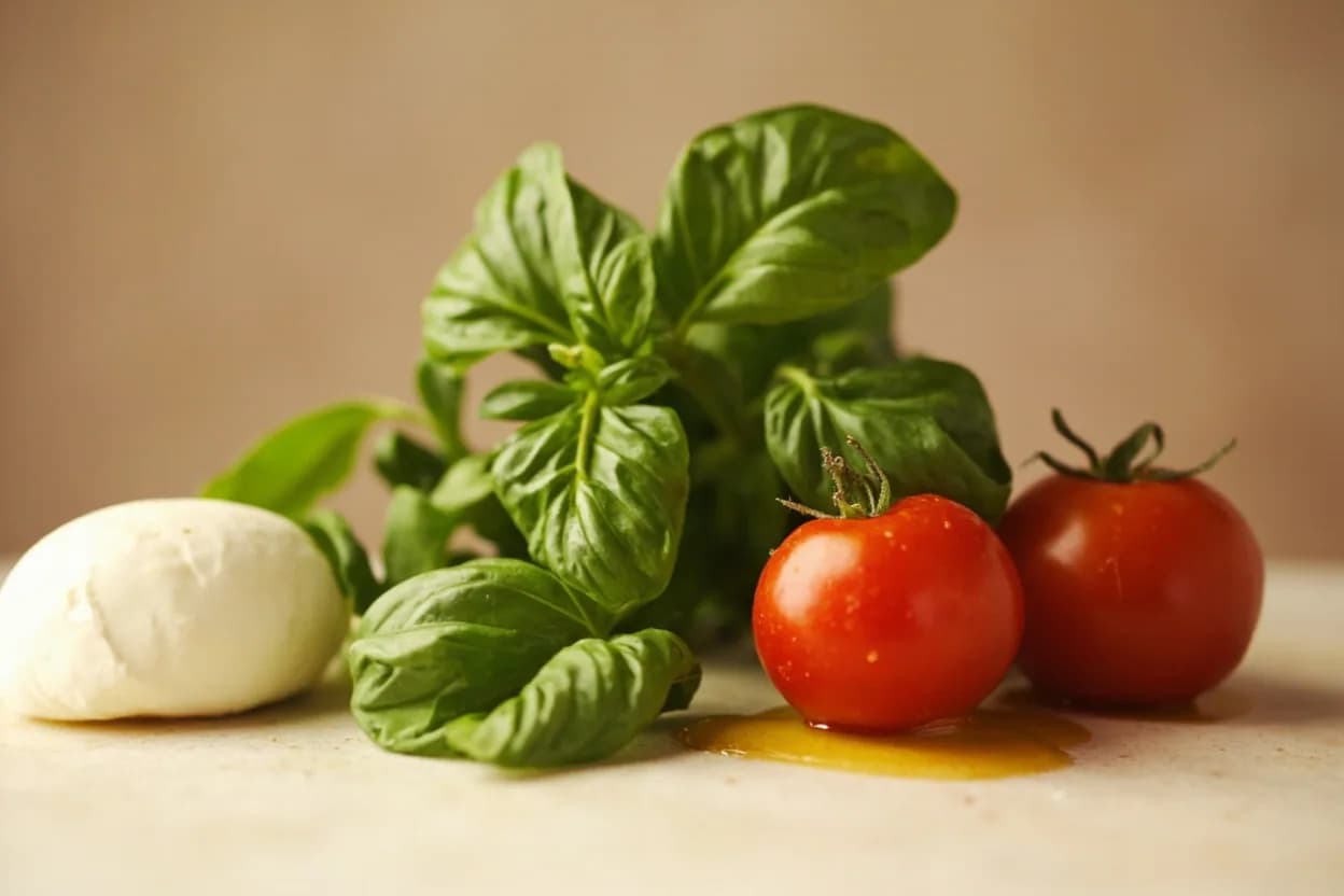 Basil paired with Tomato (Italian) — the canonical affinity made visible. The most canonical herb-vegetable pairing in Western cooking: basil and ripe tomato share aromatic compounds that amplify each other; the herb's sweet-clove volatiles make a summer tomato taste more like itself.