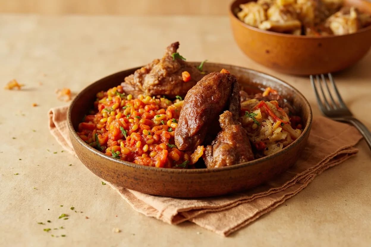 Berbere paired with chicken (Ethiopian) — the canonical affinity made visible. The canonical partner: long-braised chicken legs in spiced niter kibbeh and onion create doro wat, Ethiopia's festive dish.