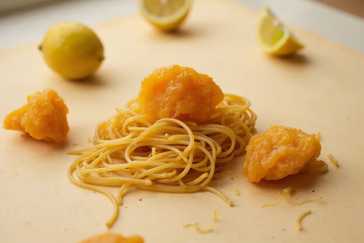 Bottarga paired with Spaghetti (Sardinian, Sicilian) — the canonical affinity made visible. Spaghetti alla bottarga is the canonical preparation: pasta tossed in good olive oil with grated or shaved bottarga — the fat emulsifies the roe's oils and the starchy pasta water binds them.