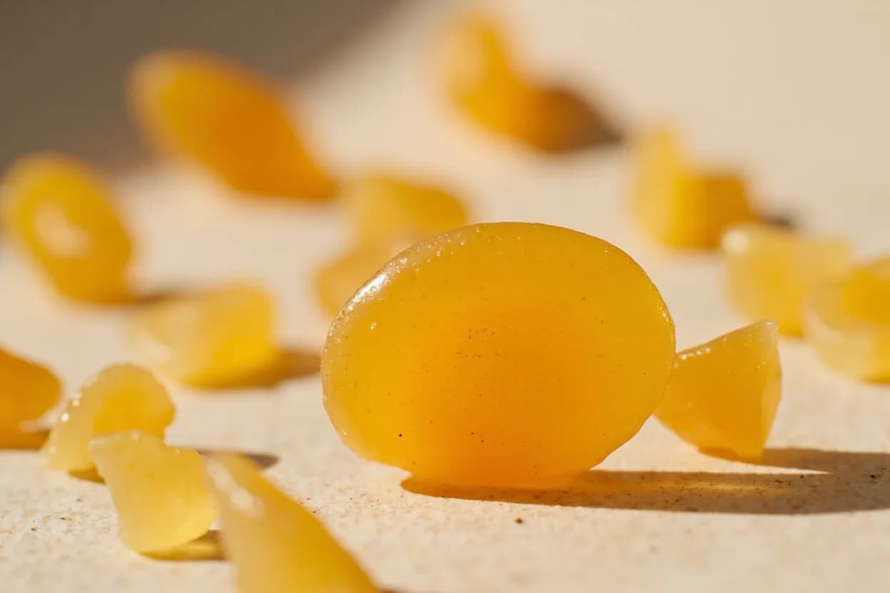 Bottarga in its natural form. Bottarga is the salted and air-dried roe sac of grey mullet (di muggine, from Sardinia and Orbetello) or bluefin tuna (di tonno, stronger, darker). Tasting profile: intense concentrated brine — sea mineral salinity, rich egg-yolk sweetness (from roe lipids), iodine and ocean floor minerality, fermented funk (oxidized fish oils).