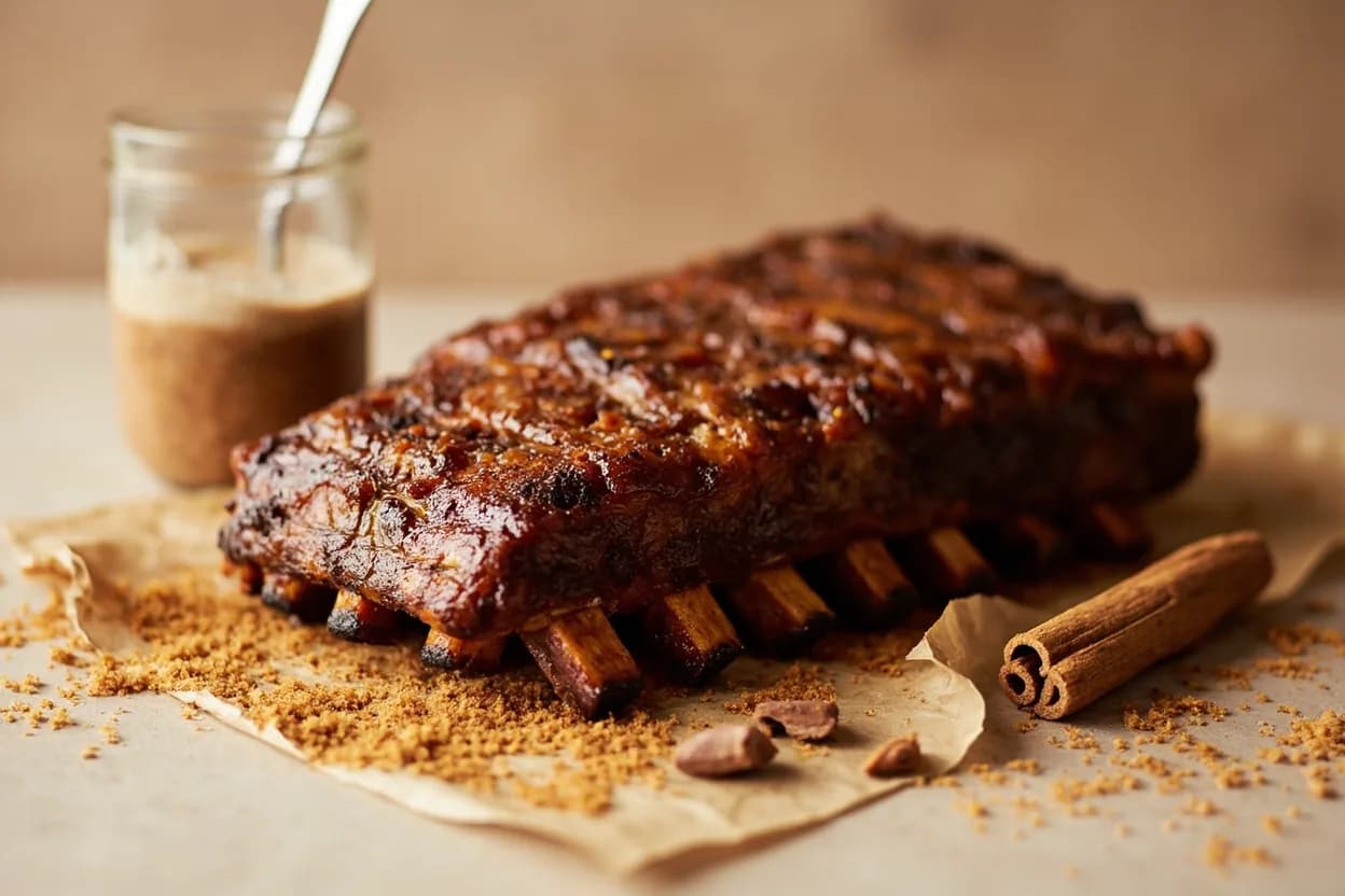 Brown Sugar paired with Pork ribs (American BBQ) — the canonical affinity made visible. The molasses sugars caramelize at pit temperatures and form the bark's lacquered crust; they balance pork's savory fat without overpowering smoke.