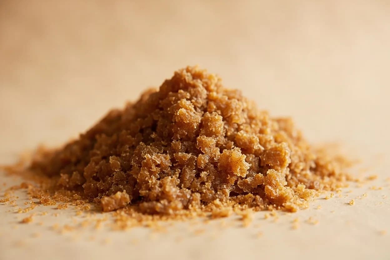 Brown Sugar in its natural form. Brown sugar is refined white cane or beet sugar to which molasses has been reintroduced (or, in the case of muscovado and demerara, only partially removed). Tasting profile: caramel and toffee, warm molasses, faint bitter-coffee finish, subtle rum-like depth.