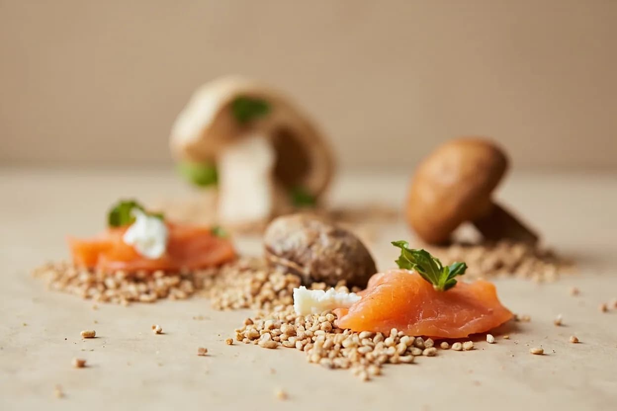 Buckwheat paired with Crème fraîche (French (Breton)) — the canonical affinity made visible. Buckwheat's earthy bitterness finds its ideal foil in the cool, rich, lactic tang of crème fraîche — the foundation of Breton galette garnishes and Japanese soba dipping sauces' creamy variations.