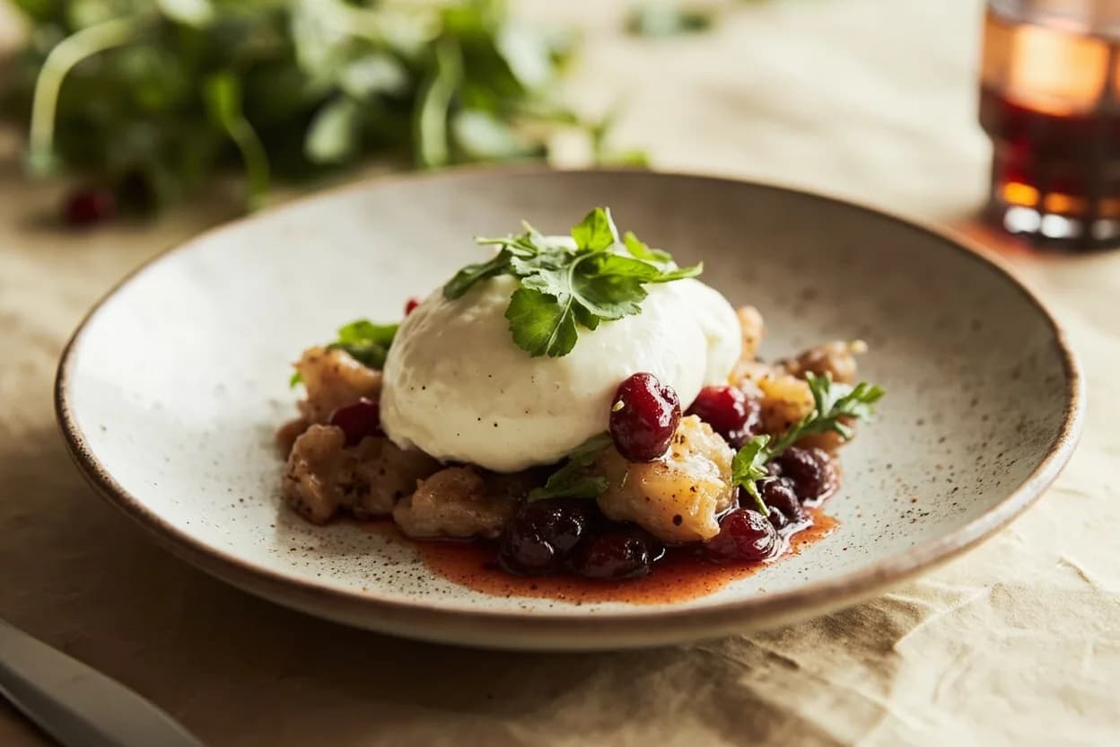 Burrata in its element — Caprese di burrata. Adventurous crossover: Sour cherries or Amarena cherries — The high-acid, bitter-almond character of Amarena cherries plays against the cream exactly as tomato does, with a festive sweetness that makes a striking antipasto..