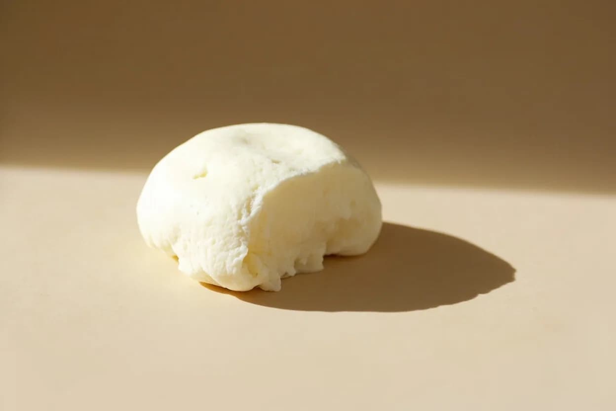 Burrata in its natural form. Burrata is a fresh Italian cheese from Puglia — a thin shell of pulled mozzarella encasing a filling (stracciatella) of torn curds soaked in heavy cream. Tasting profile: fresh cream, clean lactic tang, milky sweetness, buttery fat.