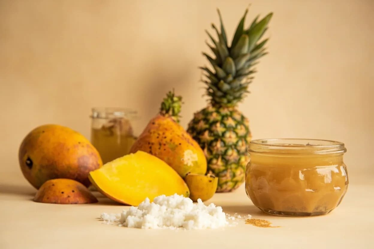 Camu Camu paired with Sugar / honey (Peruvian Amazonian) — the canonical affinity made visible. Sweeteners are essential in camu camu applications — the tartness is so extreme that a sweetener is required to achieve palatability; honey adds floral depth.