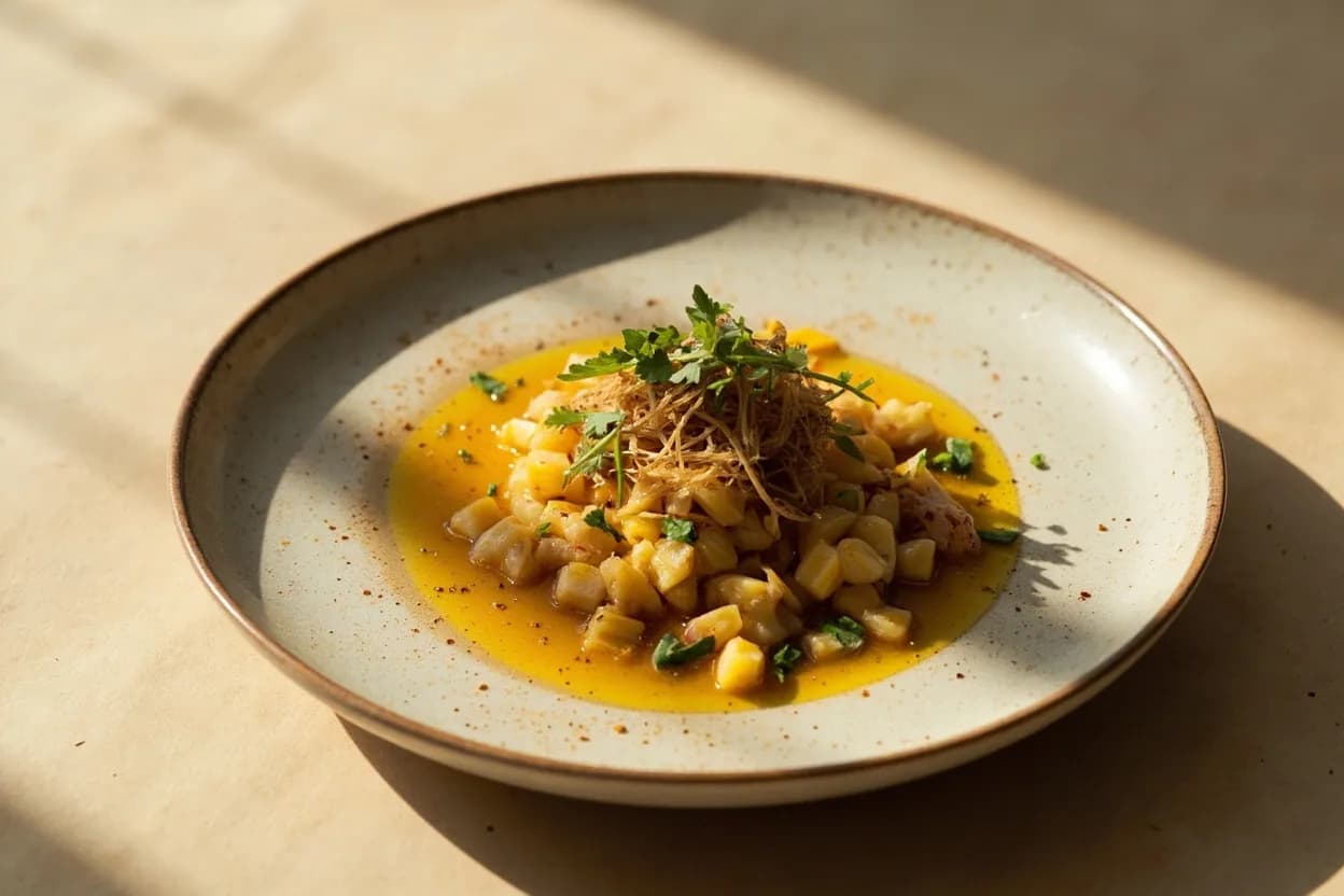Cancha (Toasted Corn) in its element — Ceviche clásico (Peru). Adventurous crossover: Smoked trout tartare — Substitute cancha for blini or crackers under smoked trout; the corn's roast note meets cold smoke in a compelling Andean-Nordic collision, while citrus in the tartare echoes leche de tigre logic..