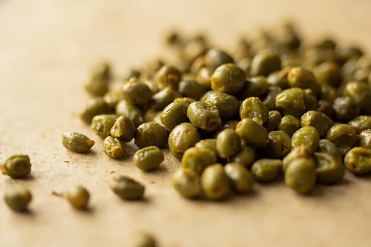 Capers in its natural form. Capers are the unopened flower buds of Capparis spinosa, a thorny Mediterranean shrub. Tasting profile: sharp brine and acidity, mustard-like isothiocyanate pungency, concentrated saltiness, vegetal, slightly floral note.