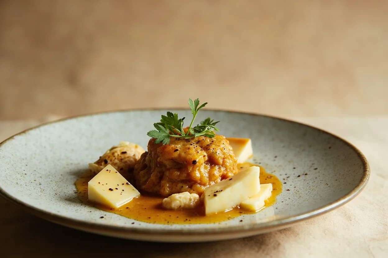 Caramel in its element — Tarte Tatin. Adventurous crossover: Aged Comté or Gruyère — Aged Alpine cheeses carry their own caramel/butterscotch notes from slow aging; a caramel sauce drizzled over a cheese course, or caramelized onion embedded in a cheese gratin, creates a savory-sweet resonance that is q….