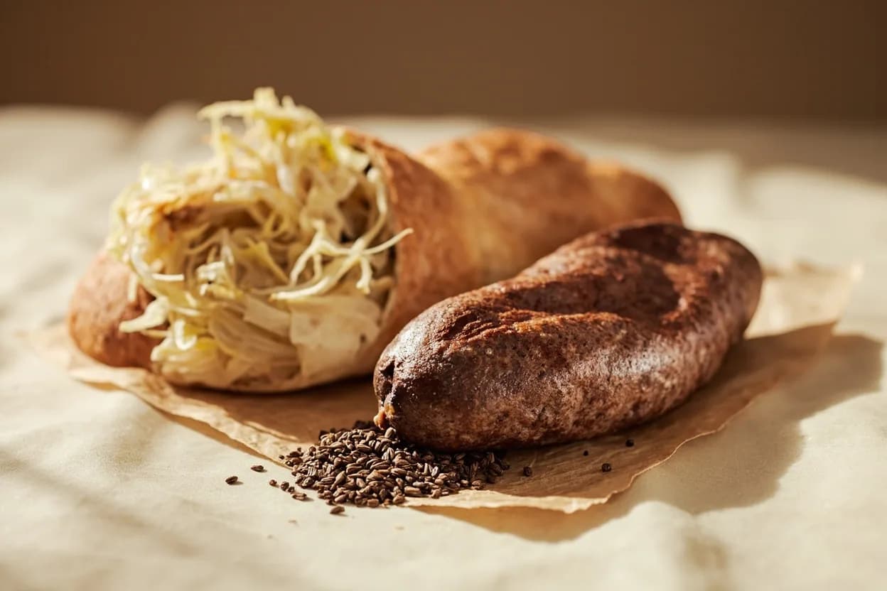 Caraway Seed paired with Rye bread (German / Scandinavian / Jewish deli) — the canonical affinity made visible. Caraway is inseparable from rye's malty sourness — the earthy-citrus seed counterbalances lactic tang and enriches the crust.