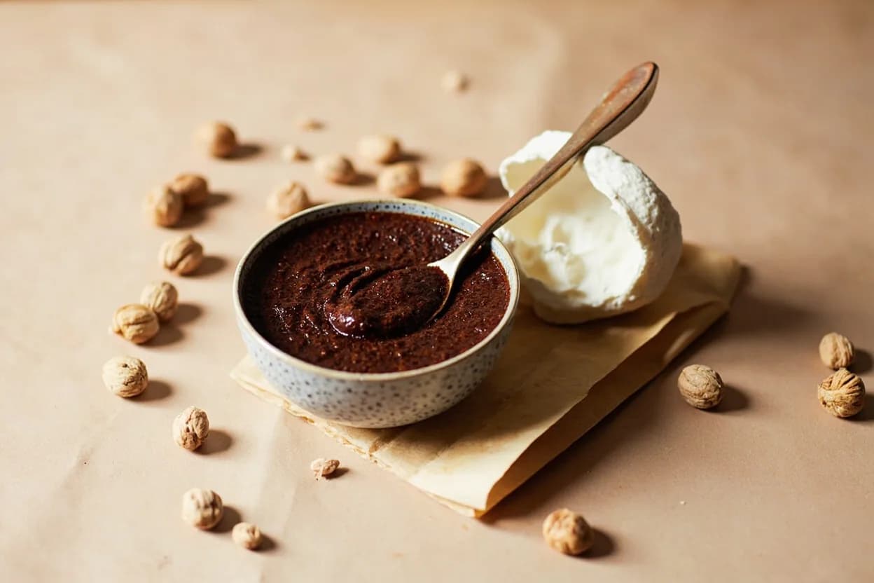 Carob Molasses paired with Tahini (Levantine / Eastern Mediterranean) — the canonical affinity made visible. The definitive Levantine breakfast duo — sesame's rich nuttiness and slight bitterness perfectly balance carob molasses's dark sweetness; drizzled together on flatbread across Lebanon, Cyprus, and Turkey.