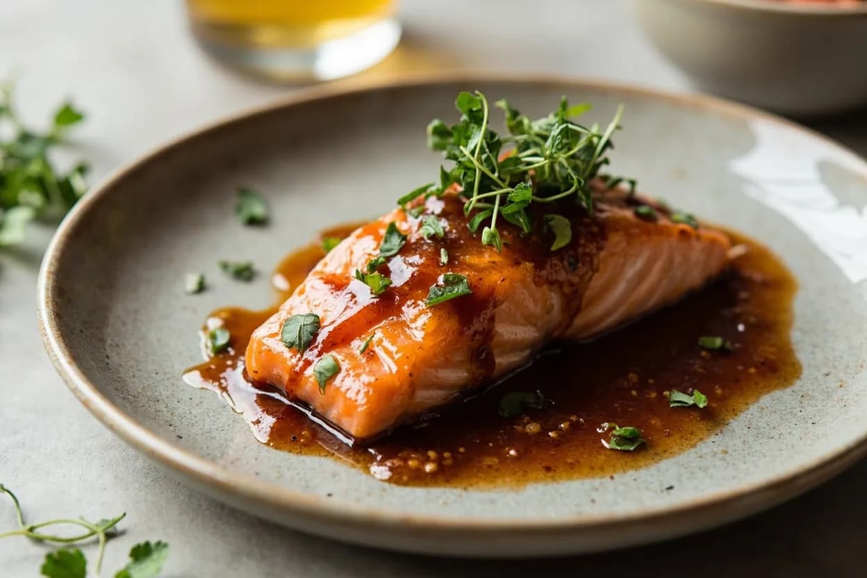 Char Siu Sauce in its element — char siu (Cantonese roast pork). Adventurous crossover: salmon fillet glaze — Char siu sauce applied as a glaze to salmon — roasted or broiled — caramelizes quickly and creates a lacquered crust with five-spice complexity that mirrors the Cantonese treatment of roast pork..