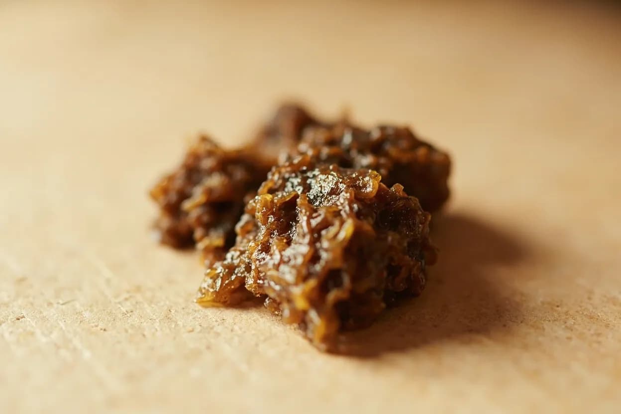 Cheonggukjang in its natural form. Cheonggukjang (청국장) is a Korean fermented soybean paste produced by fermenting cooked whole soybeans at warm temperature for 2–3 days — compared to doenjang's months-long process. Tasting profile: ammonia — volatile nitrogen compounds from protein breakdown by B. subtilis, deep soy umami — glutamate-rich from extensive protein hydrolysis, earthy-funky — thiophenes and pyrazines from fermentation, sticky-viscous — polyglutamic acid threads from B. subtilis.