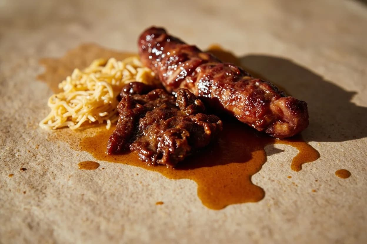 Chicha de Jora paired with Beef heart (anticuchos) (Peruvian (anticuchos de corazón)) — the canonical affinity made visible. Chicha's lactic acid tenderizes the dense muscle of heart while its maize sweetness offsets the iron-rich intensity.