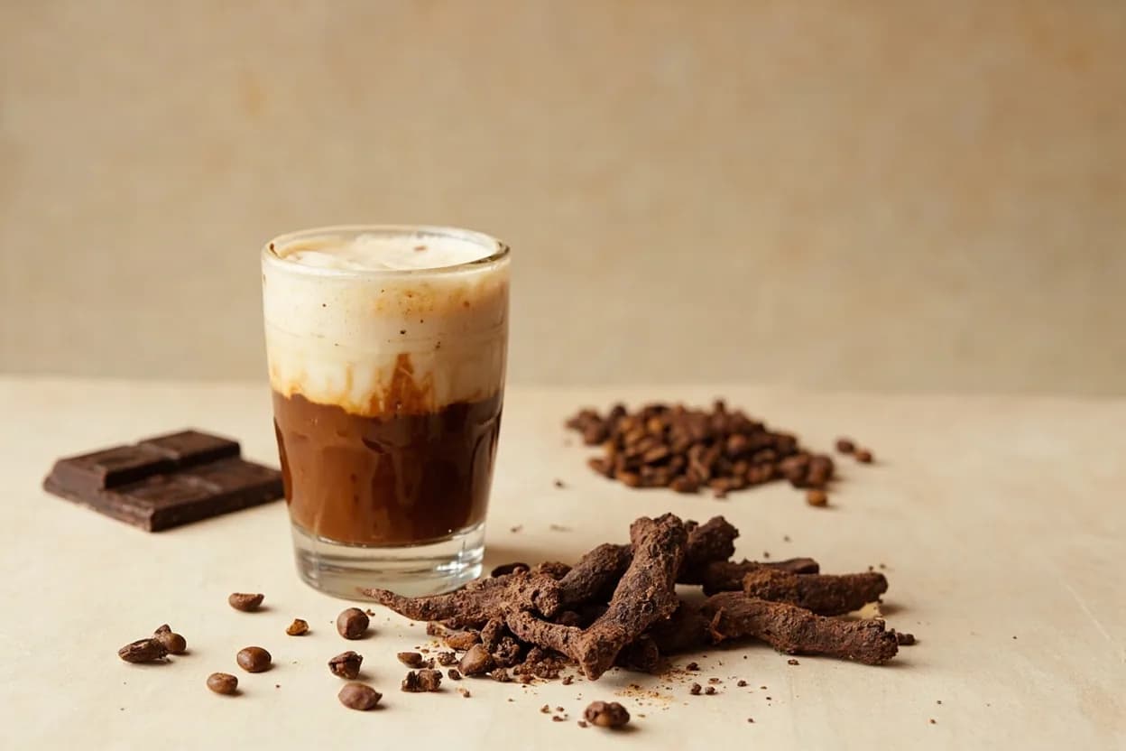 Chicory Root paired with Dark-roast coffee (French or Creole roast) (American (Louisiana Creole)) — the canonical affinity made visible. The definitive pairing — chicory blended with dark-roast coffee (the New Orleans café du monde style) deepens the cup's bitter-earthy body without adding caffeine, while roasted coffee's acidity brightens chicory's flat…