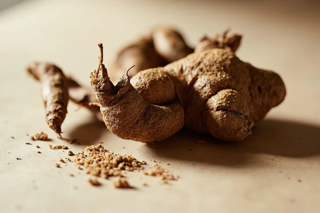 Chicory Root in its natural form. Chicory root (Cichorium intybus) is the dried and roasted taproot of the chicory plant, a perennial herb in the daisy family native to Europe. Tasting profile: roasted bitterness (sesquiterpene lactones), dark chocolate undertone, earthy, woody depth, malty, caramelized sugar from roasting.