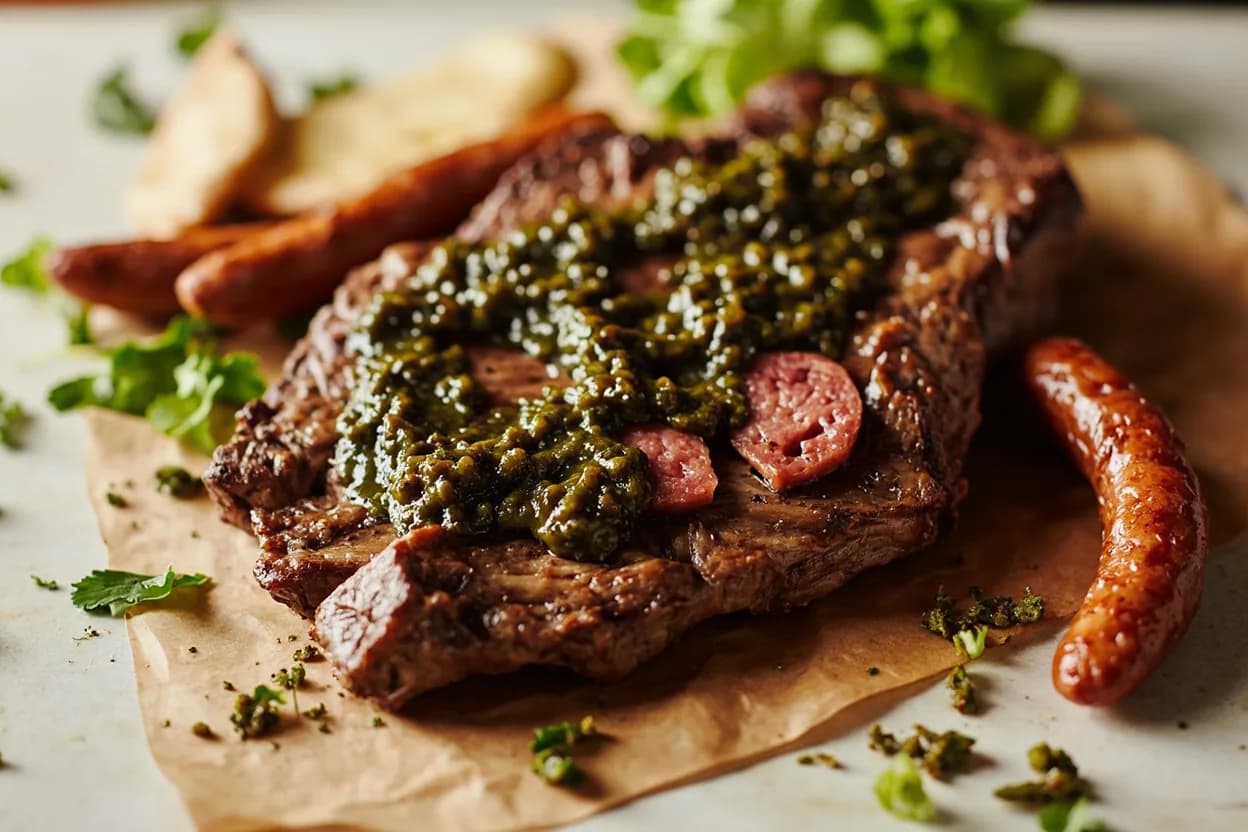 Chimichurri paired with Beef (asado, skirt steak, short ribs) (Argentine) — the canonical affinity made visible. The defining pairing — chimichurri's raw-herb acid cuts through beef's rendered fat at the asado; the garlic resonates with the meat's own savory compounds developed during charcoal grilling.