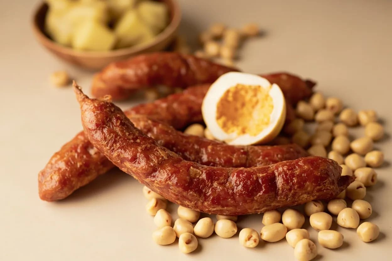 Chorizo paired with White beans (alubias, cannellini) (Spanish) — the canonical affinity made visible. The beans drink up chorizo's orange fat, turning silky and smoky; a foundational Iberian combination in fabada asturiana and caldo gallego.