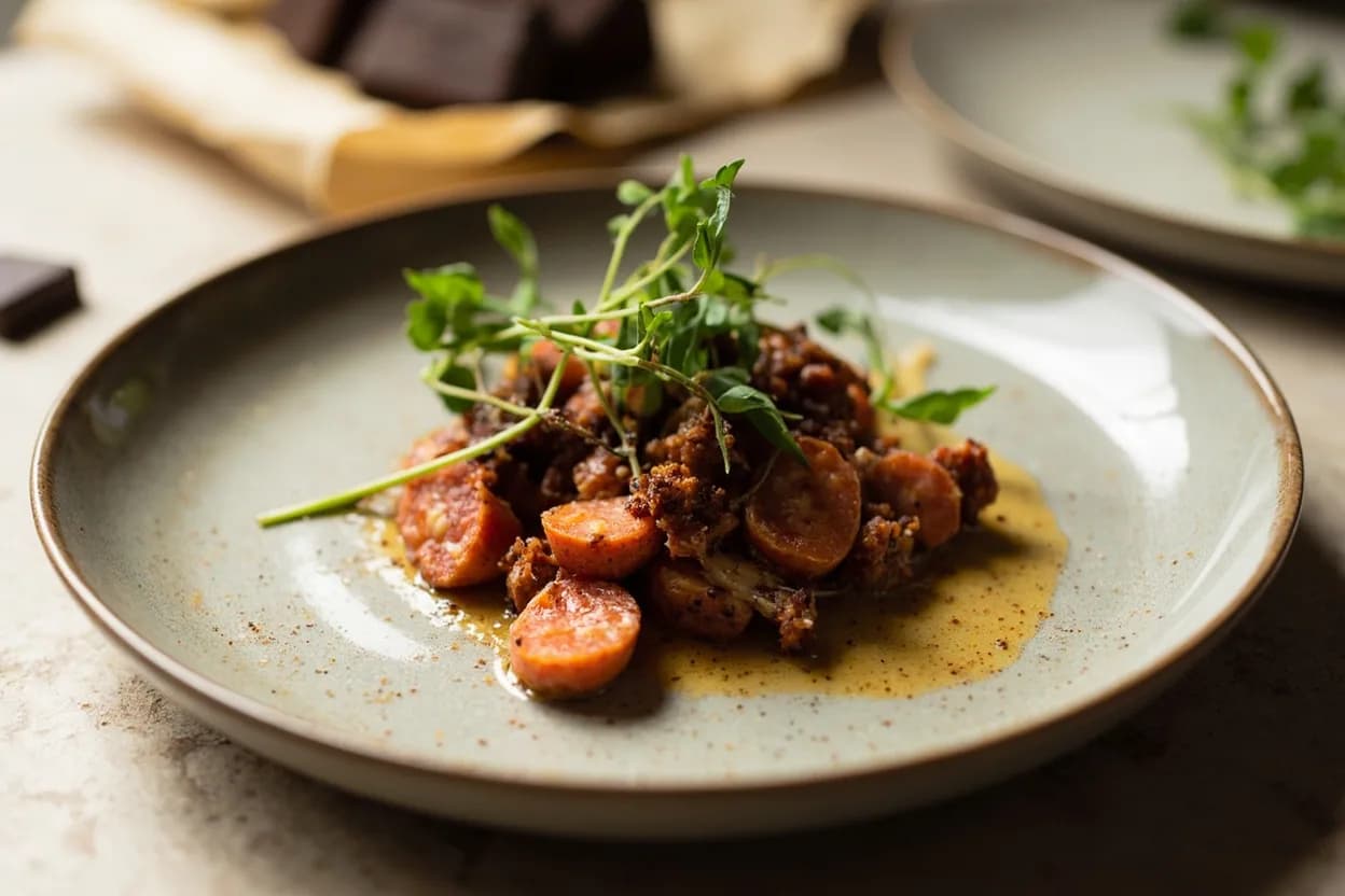 Chorizo in its element — Fabada asturiana. Adventurous crossover: Dark chocolate — Cacao's bitterness and fat harmonise with smoked pork; small-batch Spanish chocolatiers now offer chorizo-studded tablets with compelling results..