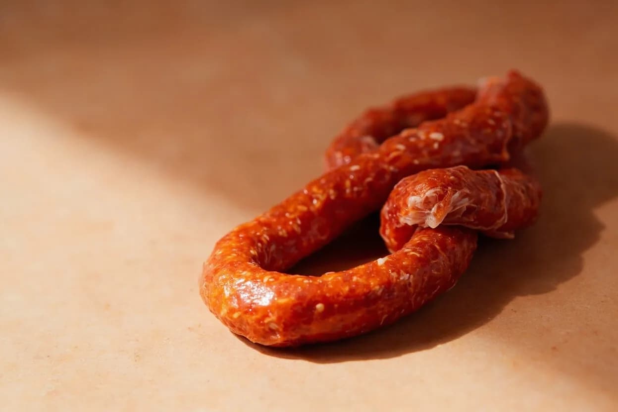 Chorizo in its natural form. Spanish chorizo is a dry-cured or semi-cured pork sausage seasoned with pimentón (smoked paprika), garlic, and salt. Tasting profile: smoked paprika (pimentón de la Vera), rendered pork fat richness, garlic and cure, mild lactic tang.