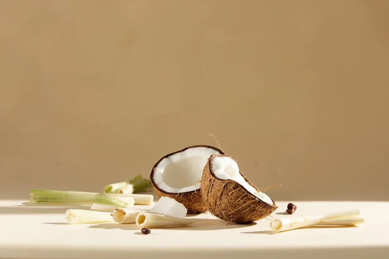 Coconut paired with Lemongrass (Thai, Malay) — the canonical affinity made visible. Lemongrass's citral brightness cuts straight through coconut's fat, creating the aromatic spine of Thai curries and laksa.