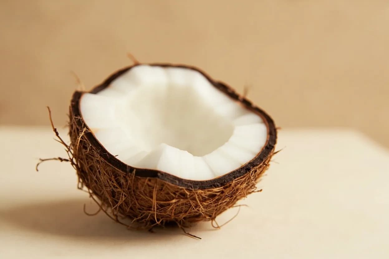 Coconut in its natural form. Coconut is the fruit of Cocos nucifera, a palm native to maritime Southeast Asia and the Pacific. Tasting profile: sweet, tropical sweetness, lactonic (coconut lactone), rich, fatty mouthfeel, floral-vanillic undertone.