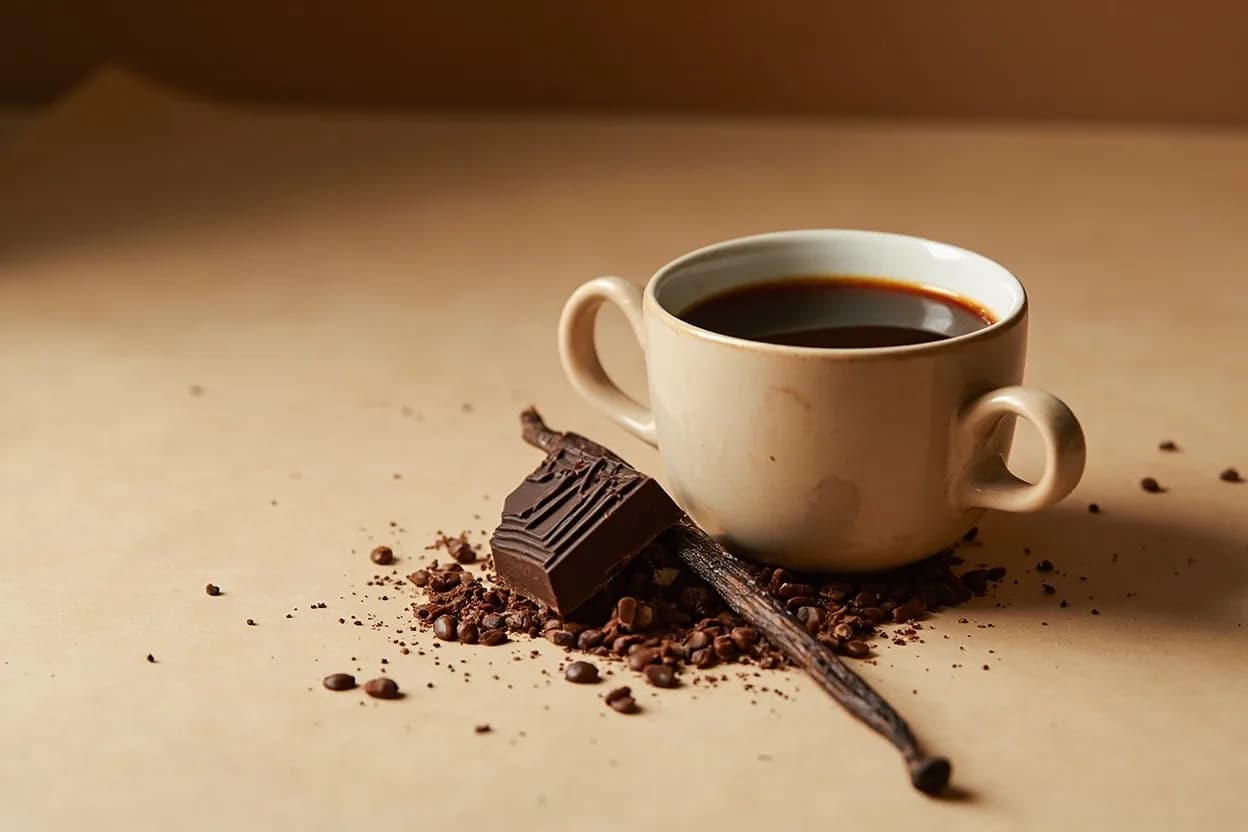 Coffee paired with Dark chocolate (French and Belgian confectionery) — the canonical affinity made visible. Shared roasted pyrazines create a seamless flavor bridge; coffee elevates perceived cacao intensity without adding sugar.