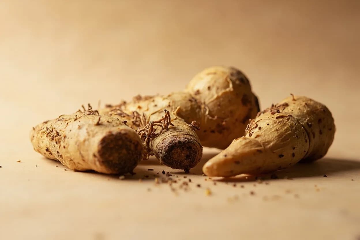 Coriander Root in its natural form. Coriander root is the scraped taproot and lower stem of Coriandrum sativum, prized in Thai cooking as a distinct ingredient rather than a byproduct. Tasting profile: earthy, soil-forward citrus, black pepper undertone, woody resinous depth, low-volatility, sustained aroma.