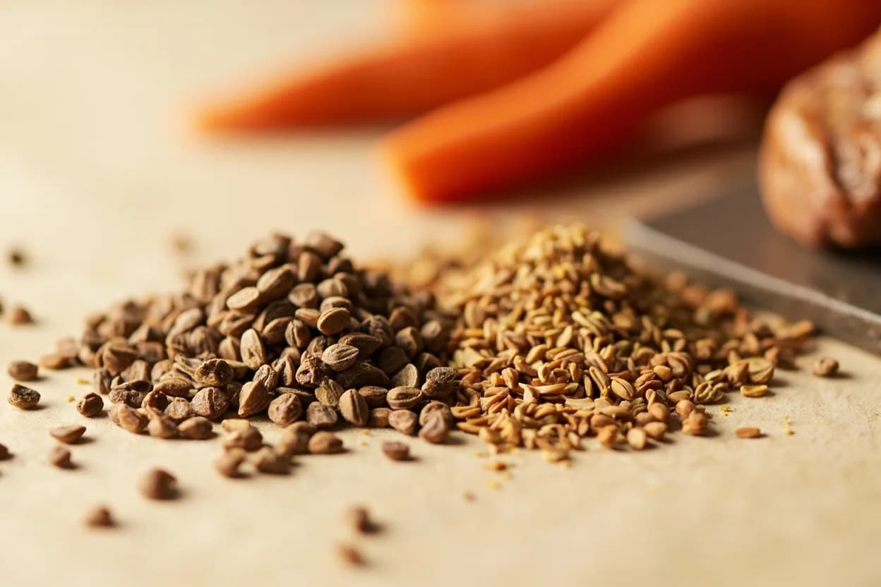 Coriander Seed paired with Cumin (Pan-global) — the canonical affinity made visible. The canonical duo of global spice cookery: cumin's smoky earthiness and coriander's citrus lift are complementary and mutually brightening.