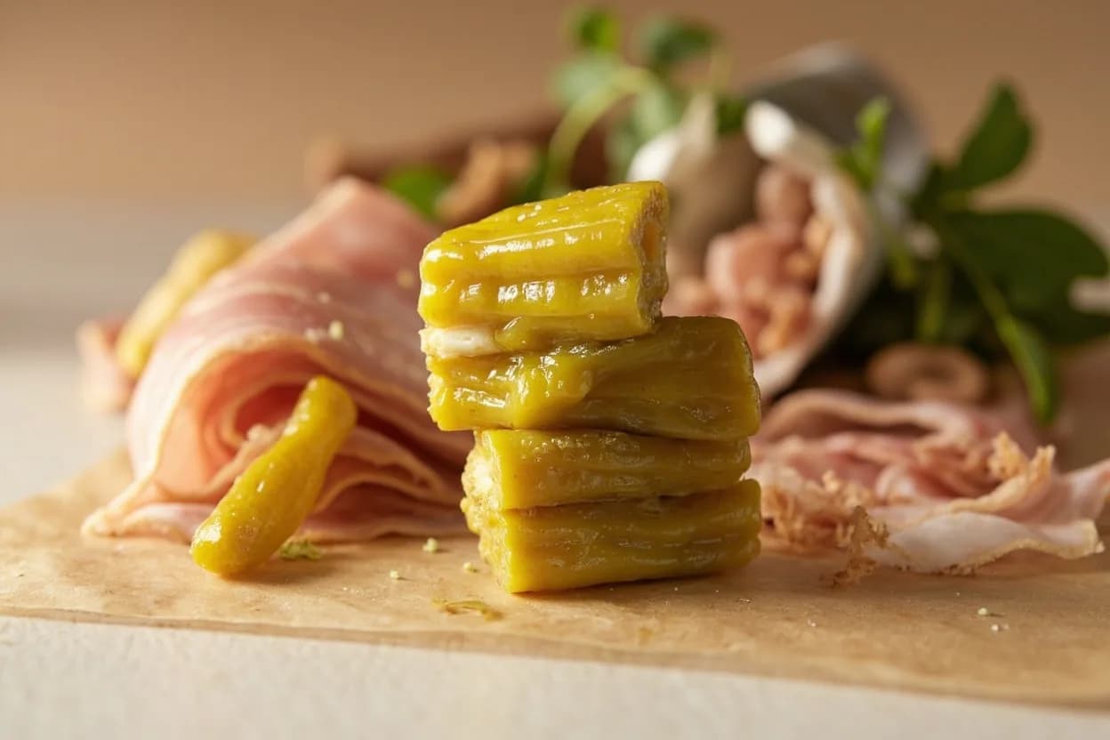 Cornichon paired with Pâté de campagne (French) — the canonical affinity made visible. The cornichon's vinegar slices through the pork fat and liver richness, resetting the palate between bites.