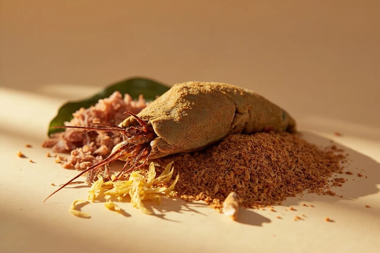 Crayfish (Dried and Ground) paired with Palm oil (West African) — the canonical affinity made visible. Virtually every West African soup or stew that contains ground crayfish also uses palm oil — the oil carries fat-soluble aroma compounds from the crayfish and gives stews their signature red-orange body.