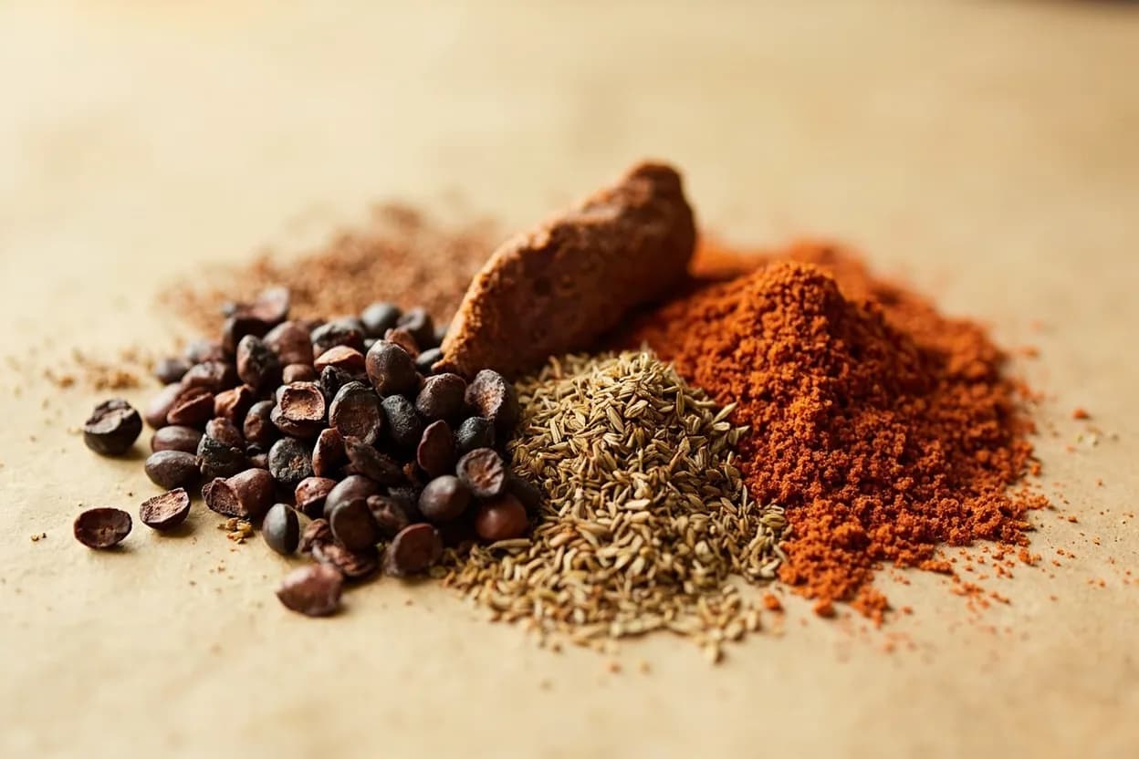 Cumin paired with Coriander (seed) (Indian / Middle Eastern) — the canonical affinity made visible. The most fundamental spice pairing in Indian and Middle Eastern cooking — cumin's earthy-bitter weight and coriander's lemony-floral brightness are so complementary that they form the base of virtually every curry powde…