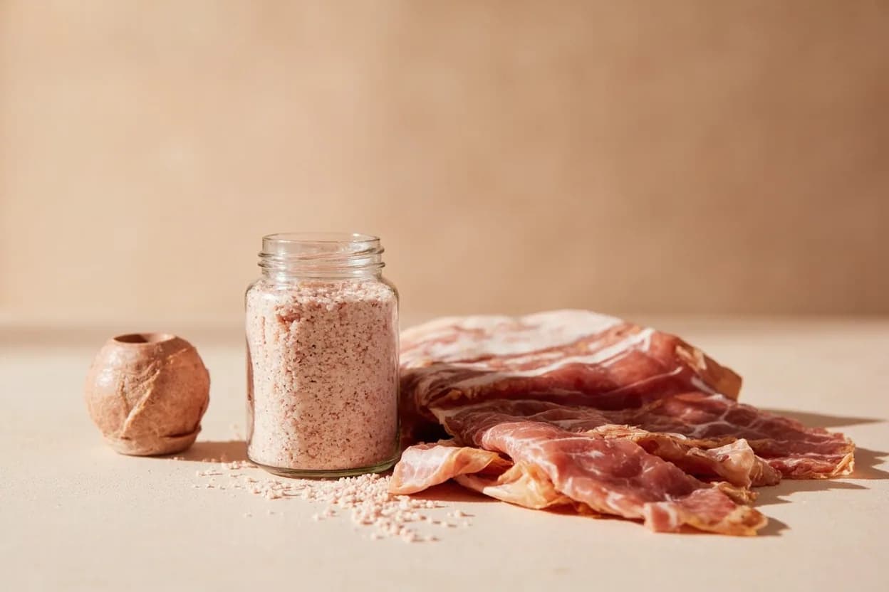 Curing Salt (Pink Salt) paired with pork belly (bacon) (American/European charcuterie) — the canonical affinity made visible. The archetype: nitrite cures the belly to a rosy pink, imparts the bacon cure flavor, and allows cold-smoking at safe temperatures without botulism risk.